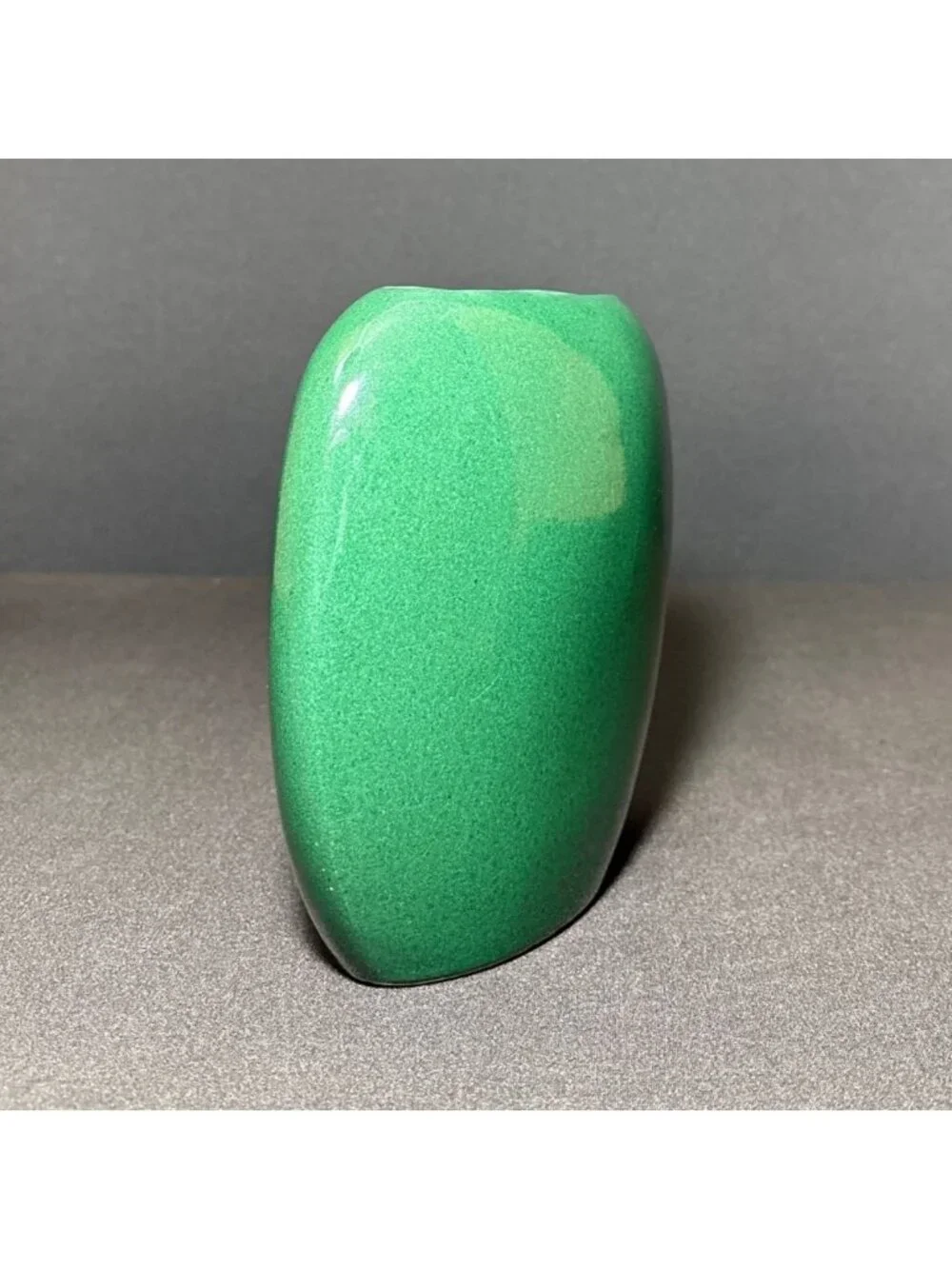 Vintage Green Vase Ceramic Glossy Finish Asymmetrical Oval Shape Modern Design